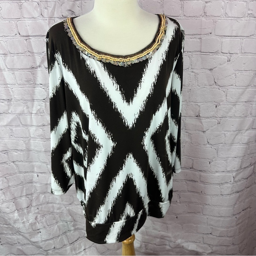 travelers chico's Graphic Blouse with Embellished Neckline sz 3 (XL 16)
